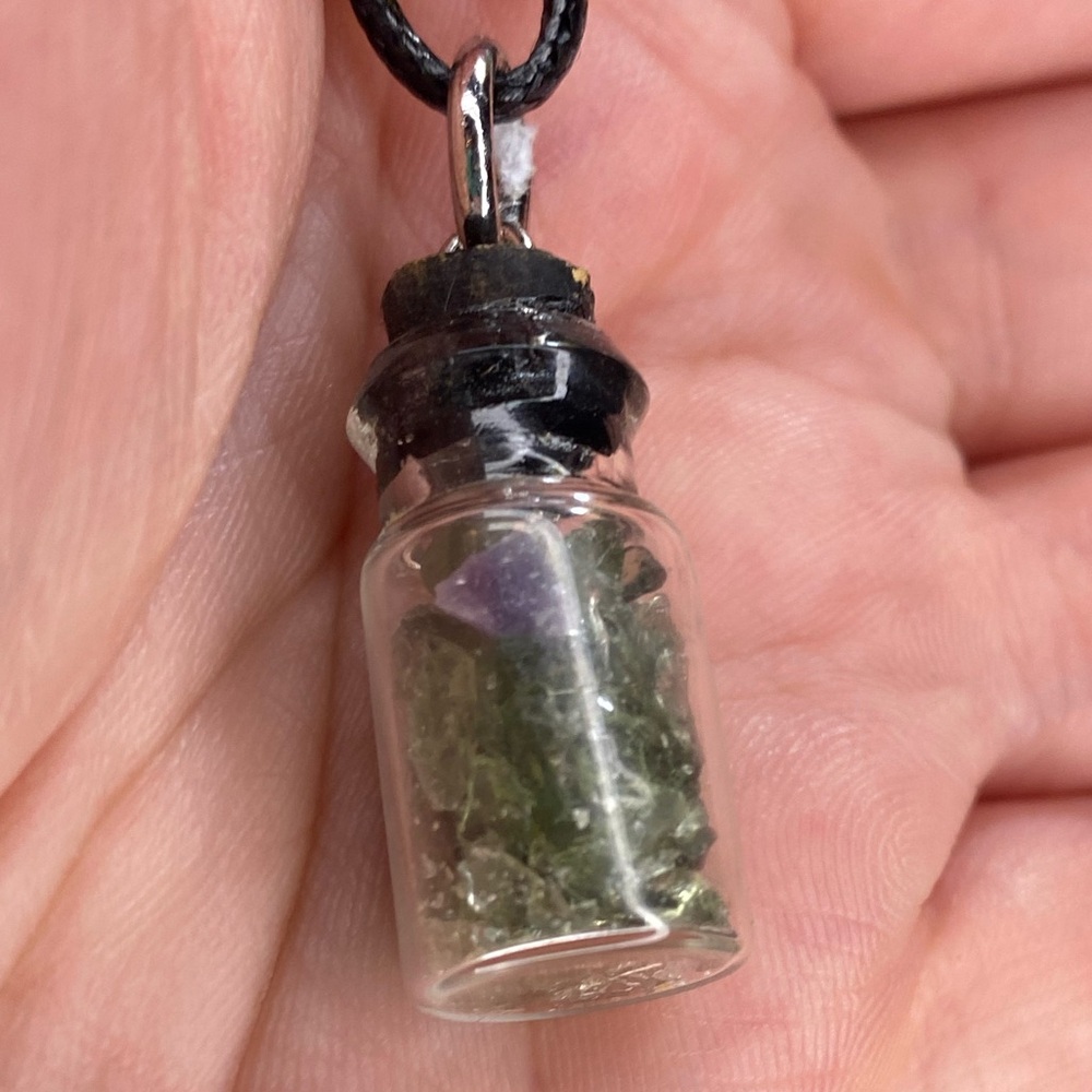 Real Raw Moldavite Chips  in Glass gem jar vial with your choice of  top